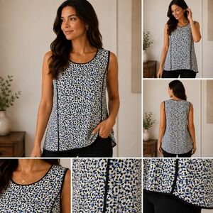 Liz Claiborne Womens XL Sleeveless Blouse Blue Geometric Shell Contrast Piping
